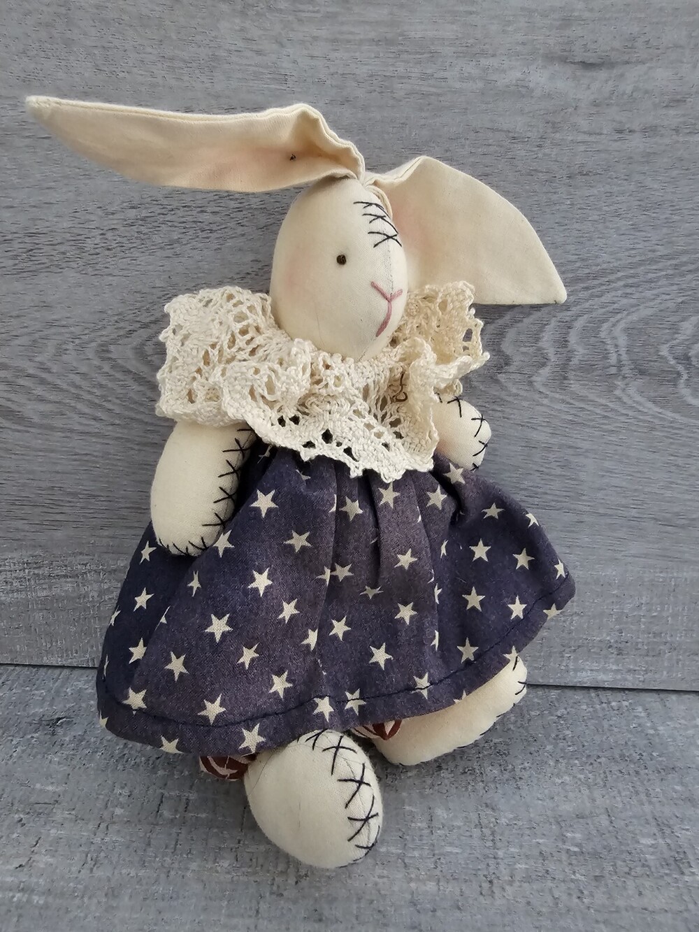 VTG Bunny Navy Patriotic Star Dress Primative Grain Feedsack Cotton Cloth Plush
